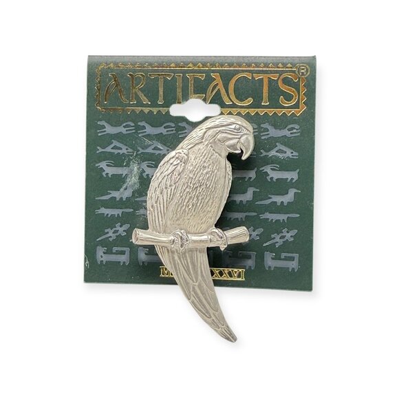 Artifacts JJ Parrot Brooch Pin On Perch 1986 2.5 in Silver Tone Vintage NEW - Picture 1 of 6